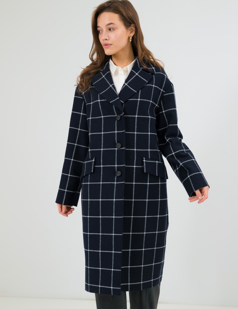 Пальто Гала в клітинку синьо-білого кольору на утепленні