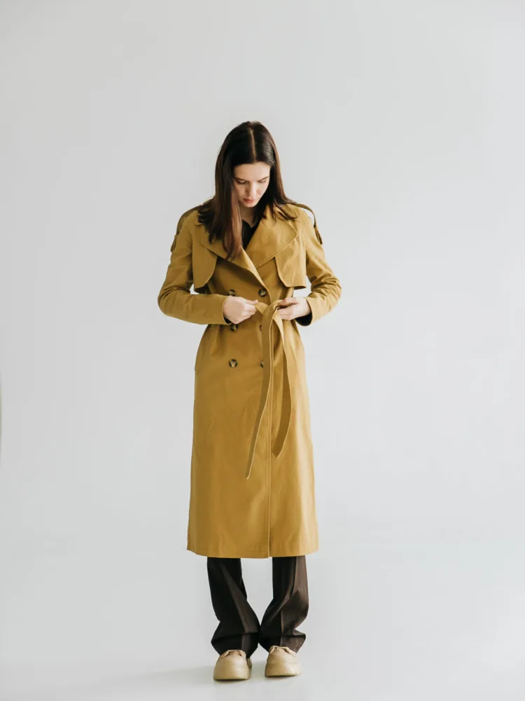 Sand-colored trench coat
