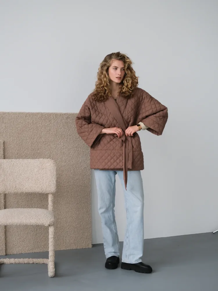 Kimono jacket transformer in camel color