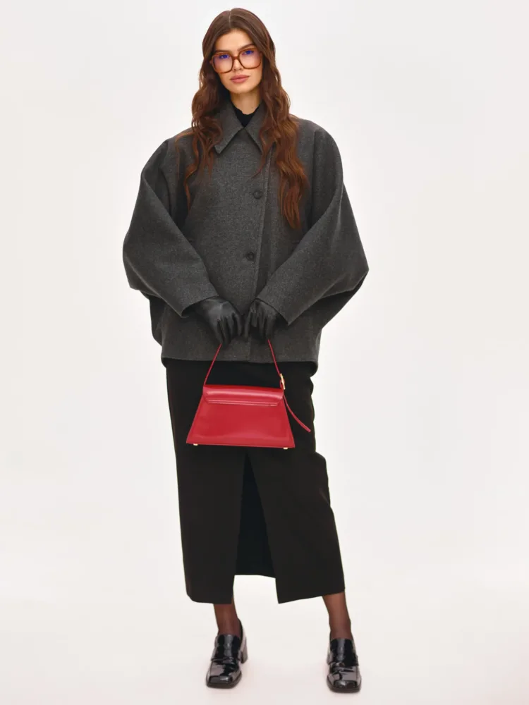 Boucle "Ann" short coat mod. B024 made of graphite-colored wool