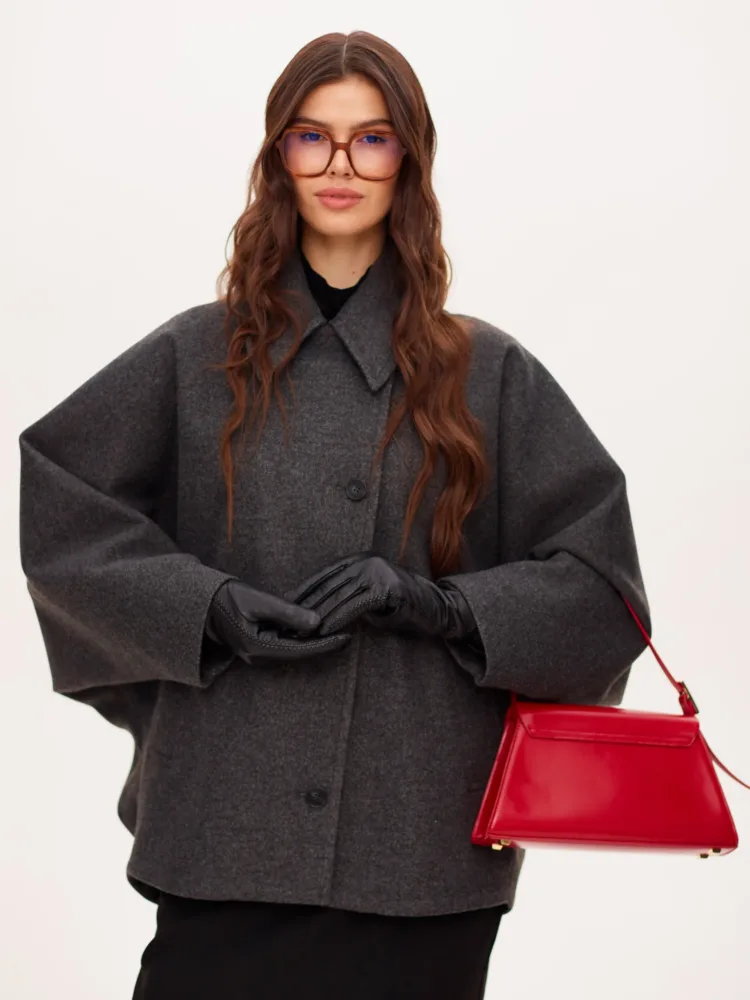 Boucle "Ann" short coat mod. B024 made of graphite-colored wool