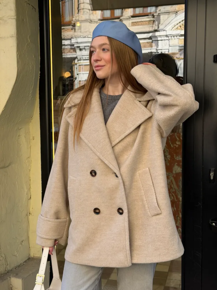 Boucle short double-breasted coat model 003, tash color